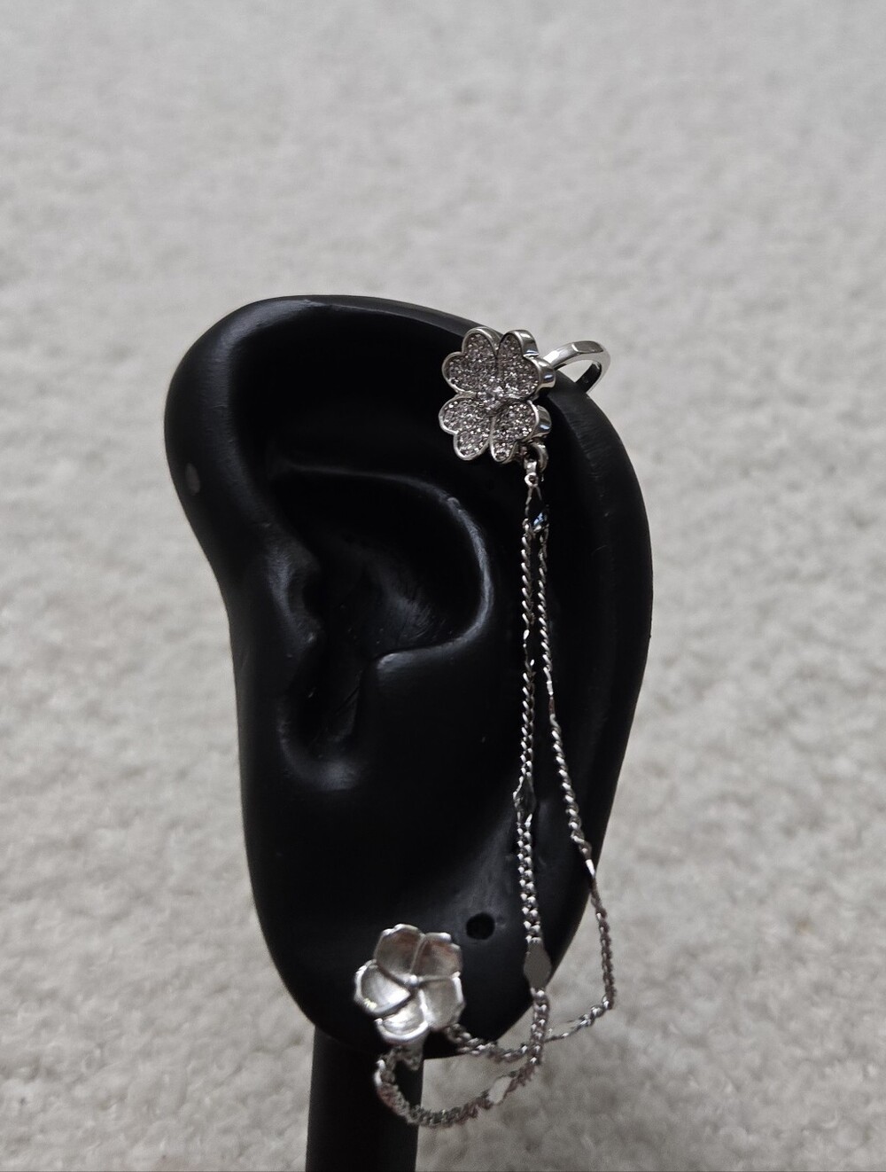 Silver Floral Crystal Ear Cuff Chain - Women Jewelry